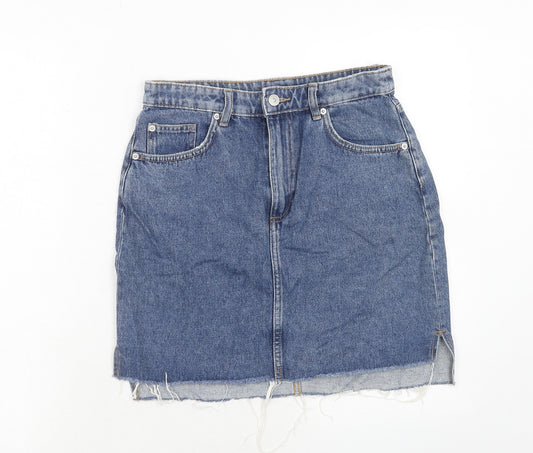 H&M Womens Blue Cotton Mini Skirt Size 10 Zip - Frayed Hem