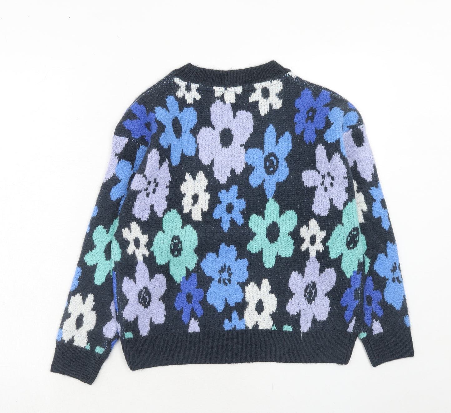 Marks and Spencer Girls Blue Round Neck Floral Acrylic Pullover Jumper Size 10-11 Years Pullover
