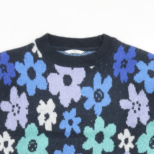 Marks and Spencer Girls Blue Round Neck Floral Acrylic Pullover Jumper Size 10-11 Years Pullover