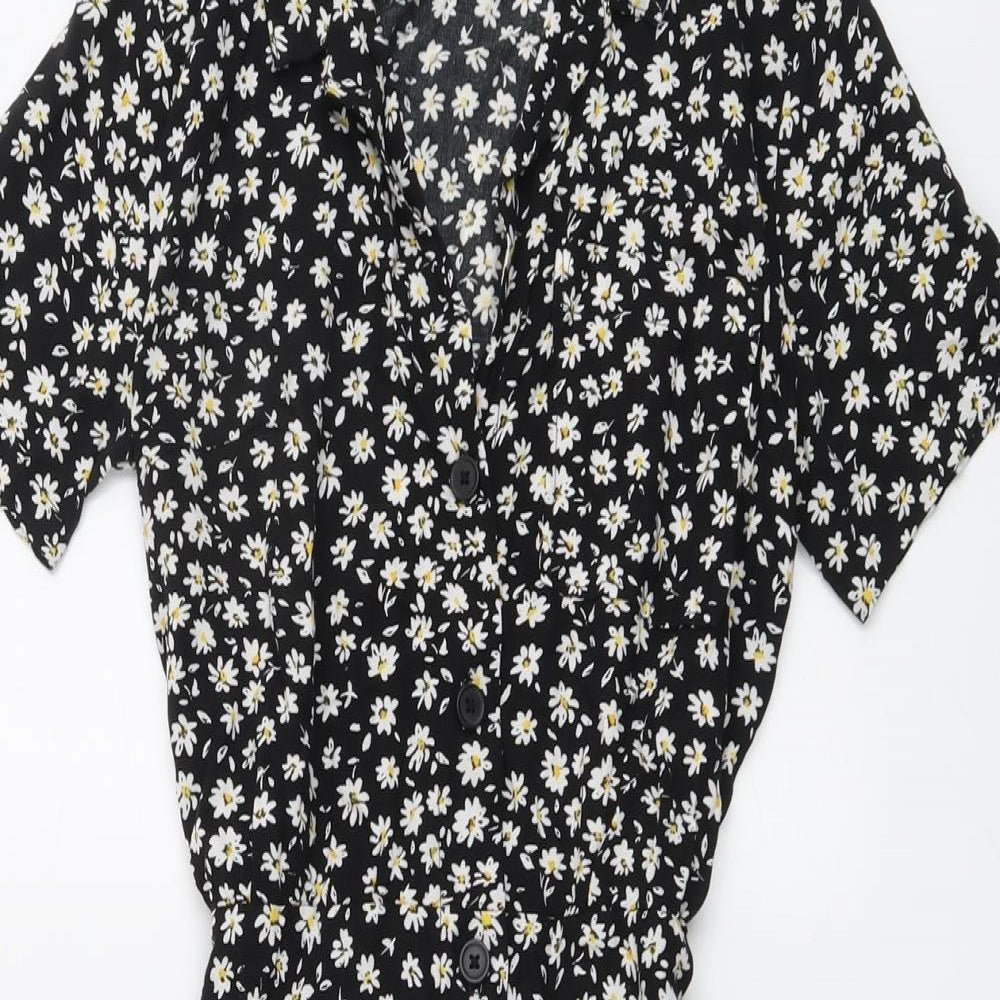 H&M Womens Black Floral Viscose Shirt Dress Size M Collared Button