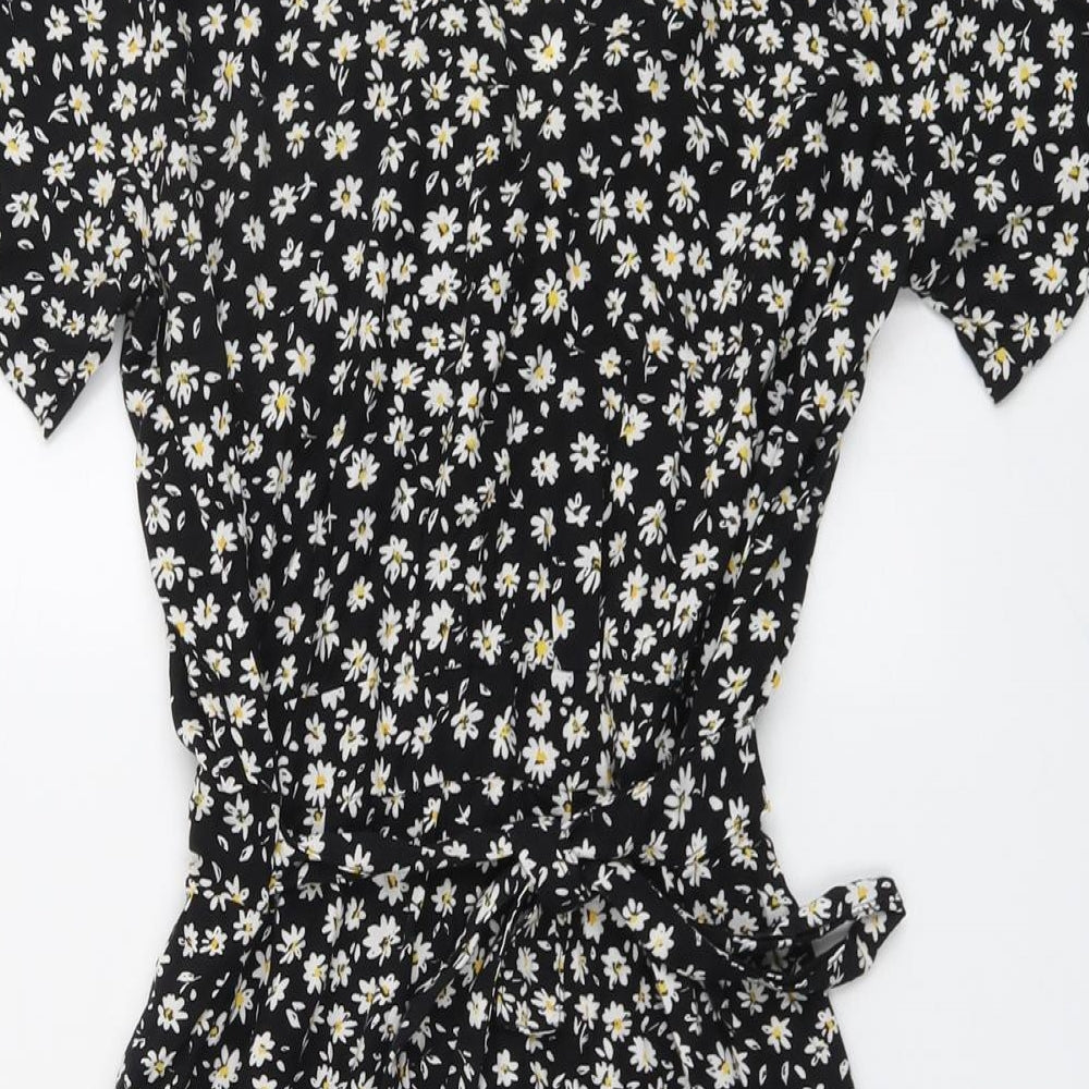 H&M Womens Black Floral Viscose Shirt Dress Size M Collared Button