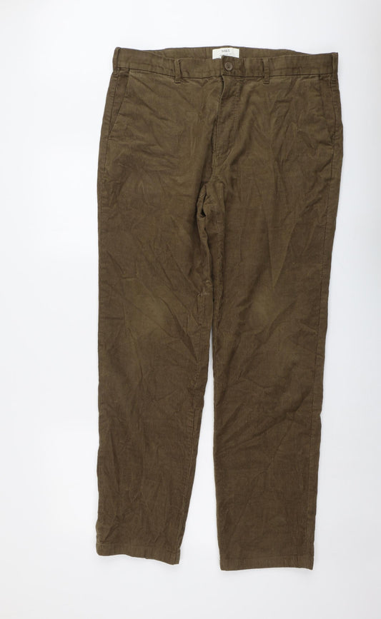 Marks and Spencer Mens Brown Cotton Trousers Size 38 in L33 in Regular Button