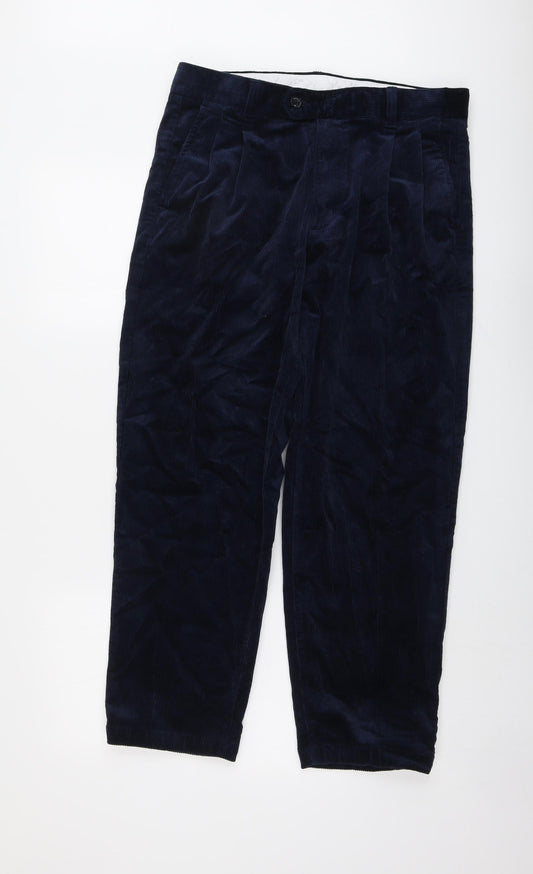 Marks and Spencer Mens Blue Cotton Trousers Size 32 in L29 in Regular Button