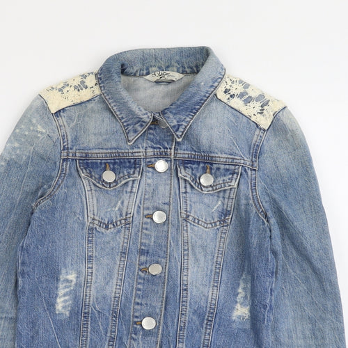 Miss Selfridge Womens Blue Jacket Size 10 Button - Distressed Crochet Detail