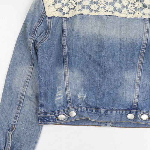 Miss Selfridge Womens Blue Jacket Size 10 Button - Distressed Crochet Detail