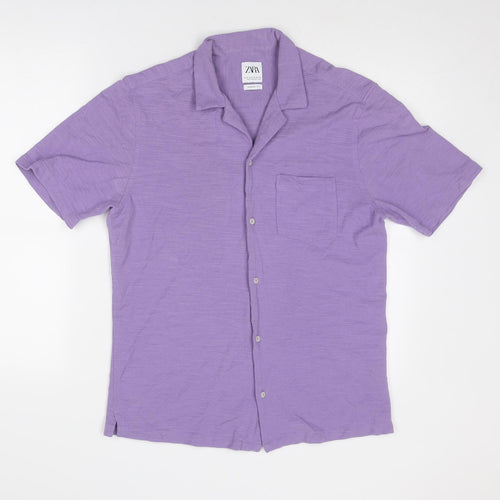 Zara Mens Purple Polyester Button-Up Size M Collared Button