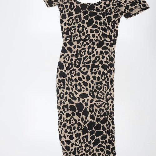 Missguided Womens Beige Animal Print Viscose Bodycon Size 8 Round Neck Pullover - Leopard Print