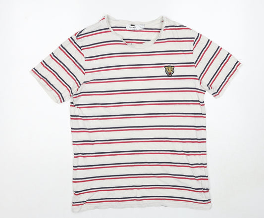 Topman Mens White Striped Cotton T-Shirt Size M Round Neck