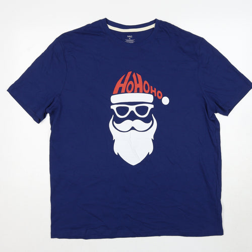 Marks and Spencer Mens Blue Cotton T-Shirt Size XL Round Neck - Ho Ho Ho Christmas