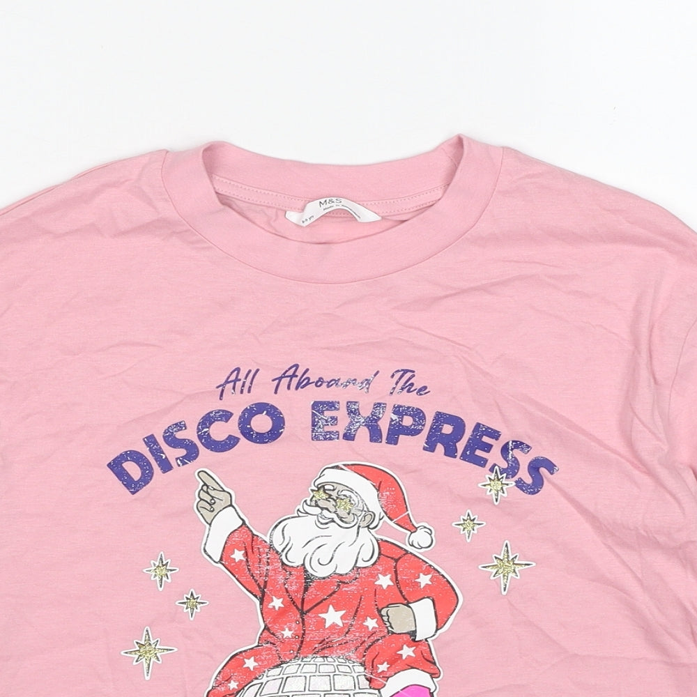 Marks and Spencer Girls Pink Cotton Basic T-Shirt Size 8-9 Years Round Neck Pullover - All Aboard The Disco Express Santa Claus