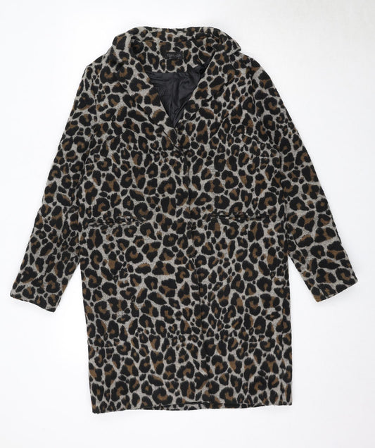 Topshop Womens Black Animal Print Overcoat Coat Size 10 Snap - Leopard Print