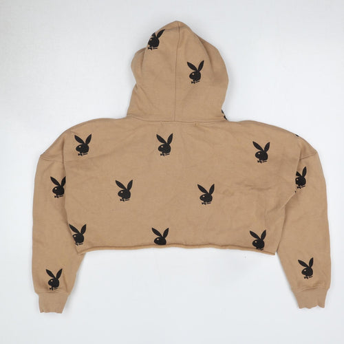Missguided Womens Beige Geometric Cotton Pullover Hoodie Size 10 - Cropped, Playboy Bunny
