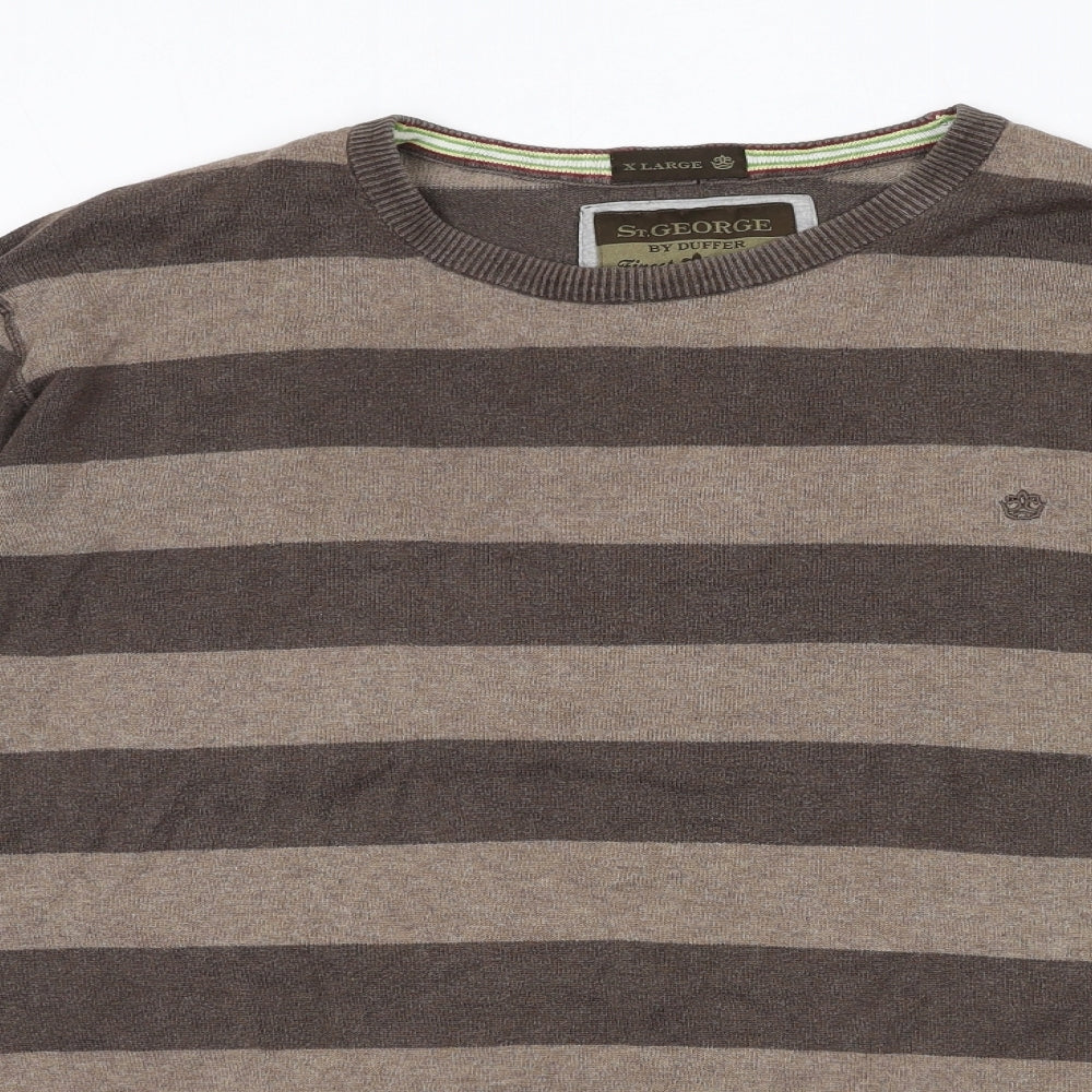 Duffer of St. George Mens Brown Round Neck Striped Cotton Pullover Jumper Size XL Long Sleeve