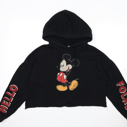 Pull&Bear Womens Black Cotton Pullover Hoodie Size M - Mickey Mouse, Cropped