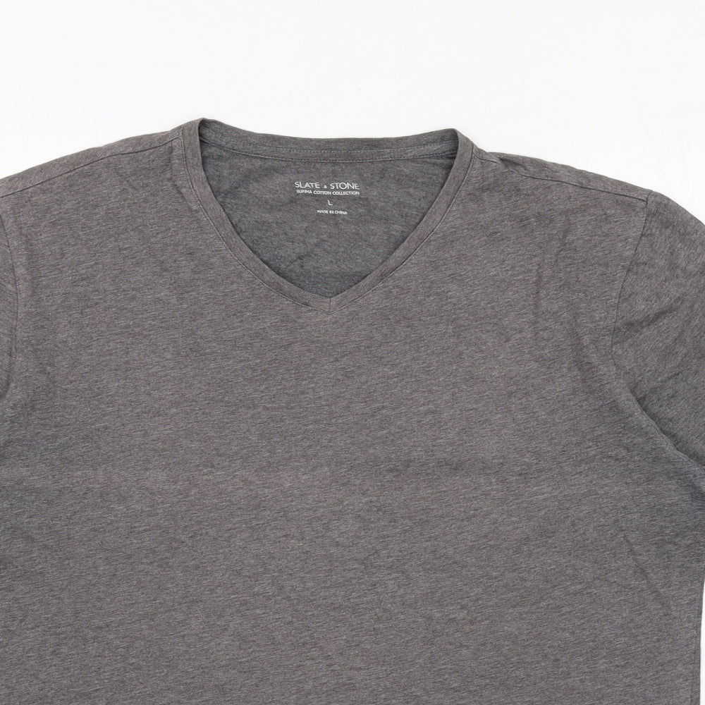 Slate & Stone Mens Grey Cotton T-Shirt Size L V-Neck