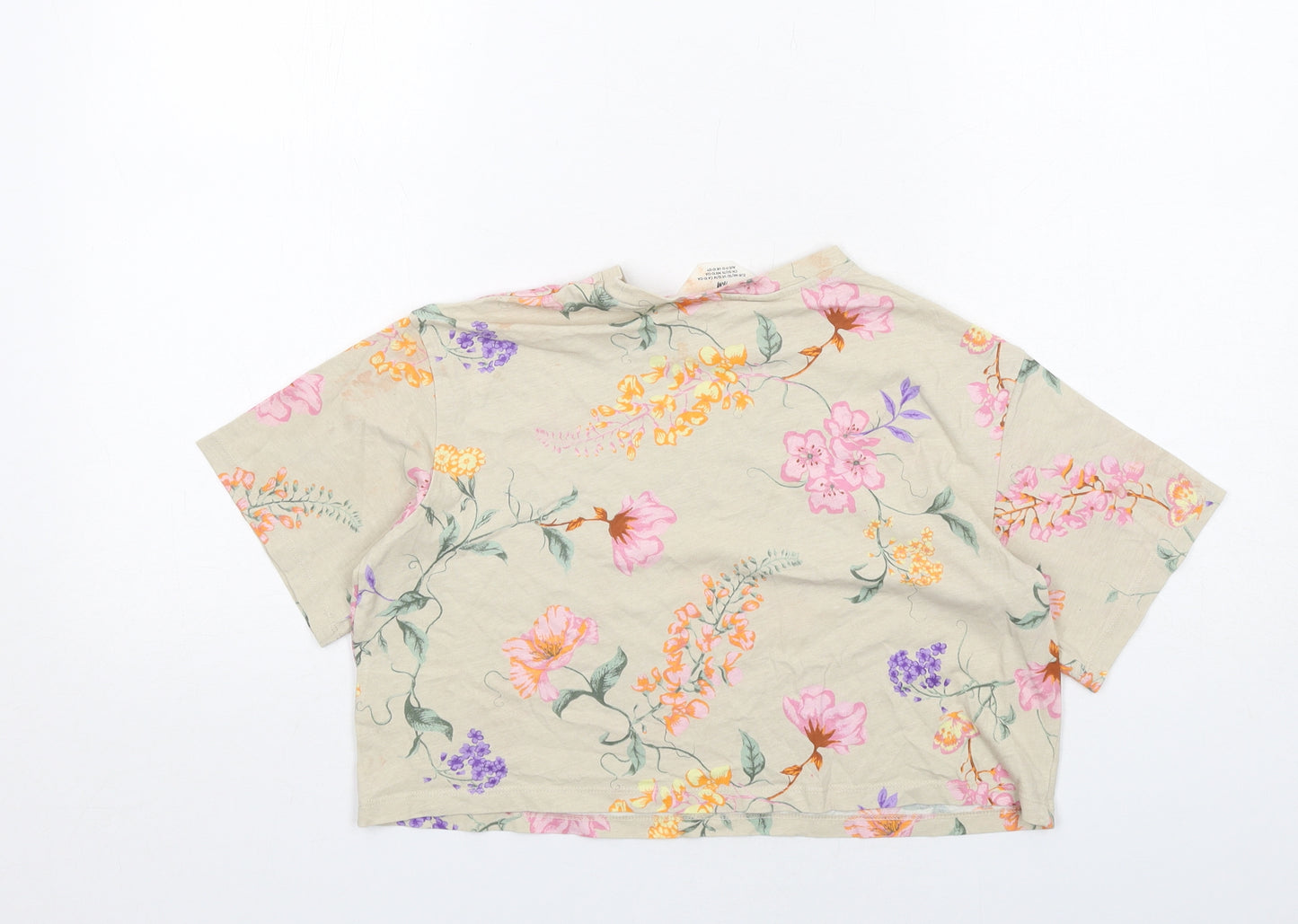 H&M Girls Beige Floral Cotton Cropped T-Shirt Size 10-11 Years Round Neck Pullover - Always Creative