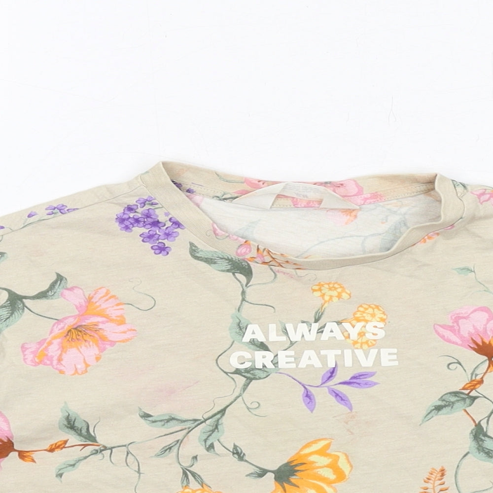 H&M Girls Beige Floral Cotton Cropped T-Shirt Size 10-11 Years Round Neck Pullover - Always Creative