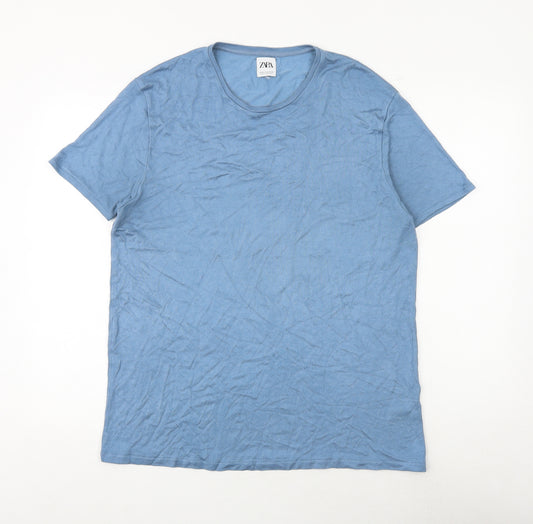 Zara Mens Blue Viscose T-Shirt Size XL Round Neck