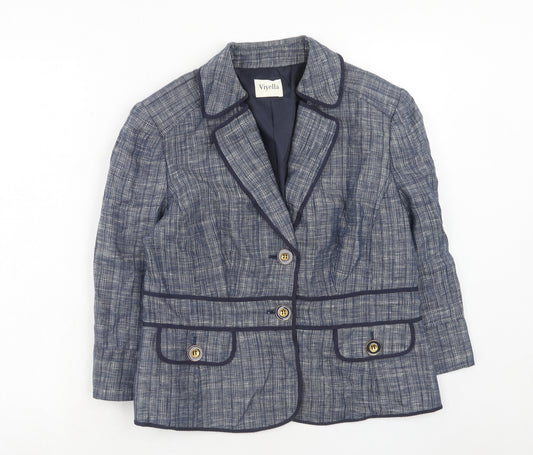 Viyella Womens Blue Plaid Linen Jacket Blazer Size 12