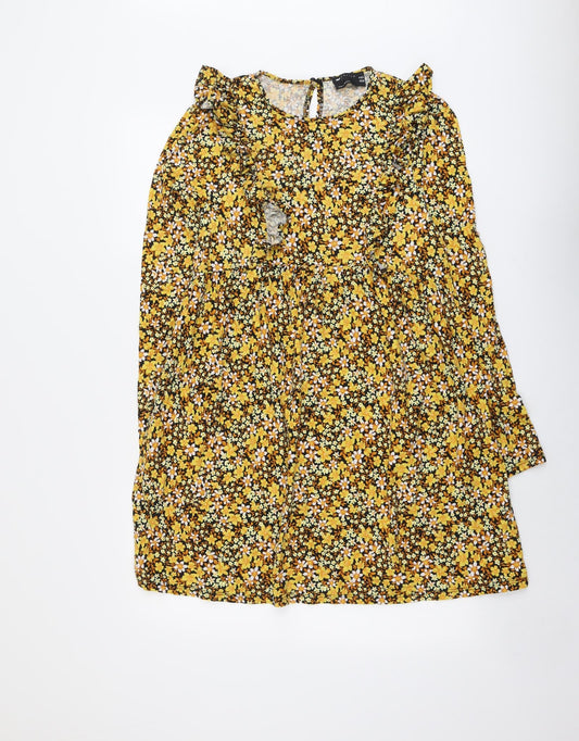ASOS Womens Yellow Floral Cotton A-Line Size 14 Round Neck Pullover