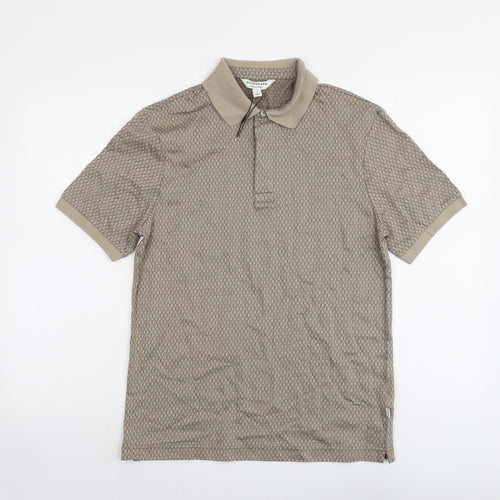 Marks and Spencer Mens Beige Geometric Cotton Polo Size S Collared Button