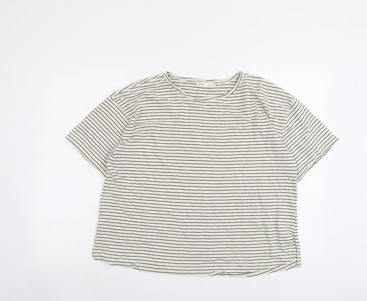 Pull&Bear Womens Beige Striped Cotton Basic T-Shirt Size M Round Neck