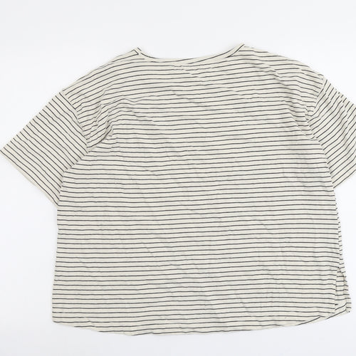 Pull&Bear Womens Beige Striped Cotton Basic T-Shirt Size M Round Neck