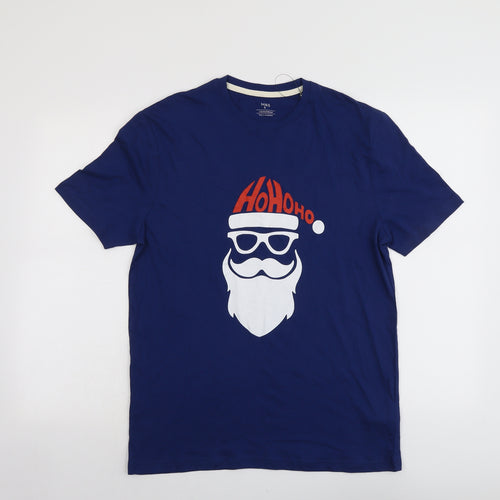 Marks and Spencer Mens Blue Cotton T-Shirt Size S Round Neck - Father Christmas Ho Ho Ho