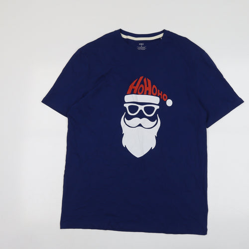 Marks and Spencer Mens Blue Cotton T-Shirt Size M Round Neck - Father Christmas Ho Ho Ho