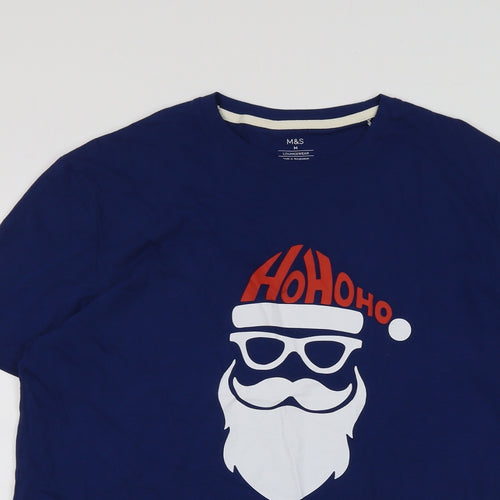 Marks and Spencer Mens Blue Cotton T-Shirt Size M Round Neck - Father Christmas Ho Ho Ho
