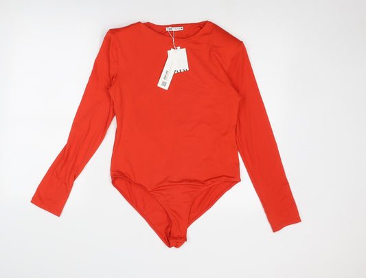 Zara Womens Red Polyester Bodysuit One-Piece Size L Snap