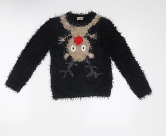 NEXT Girls Black Round Neck Acrylic Pullover Jumper Size 8 Years Pullover - Reindeer Christmas