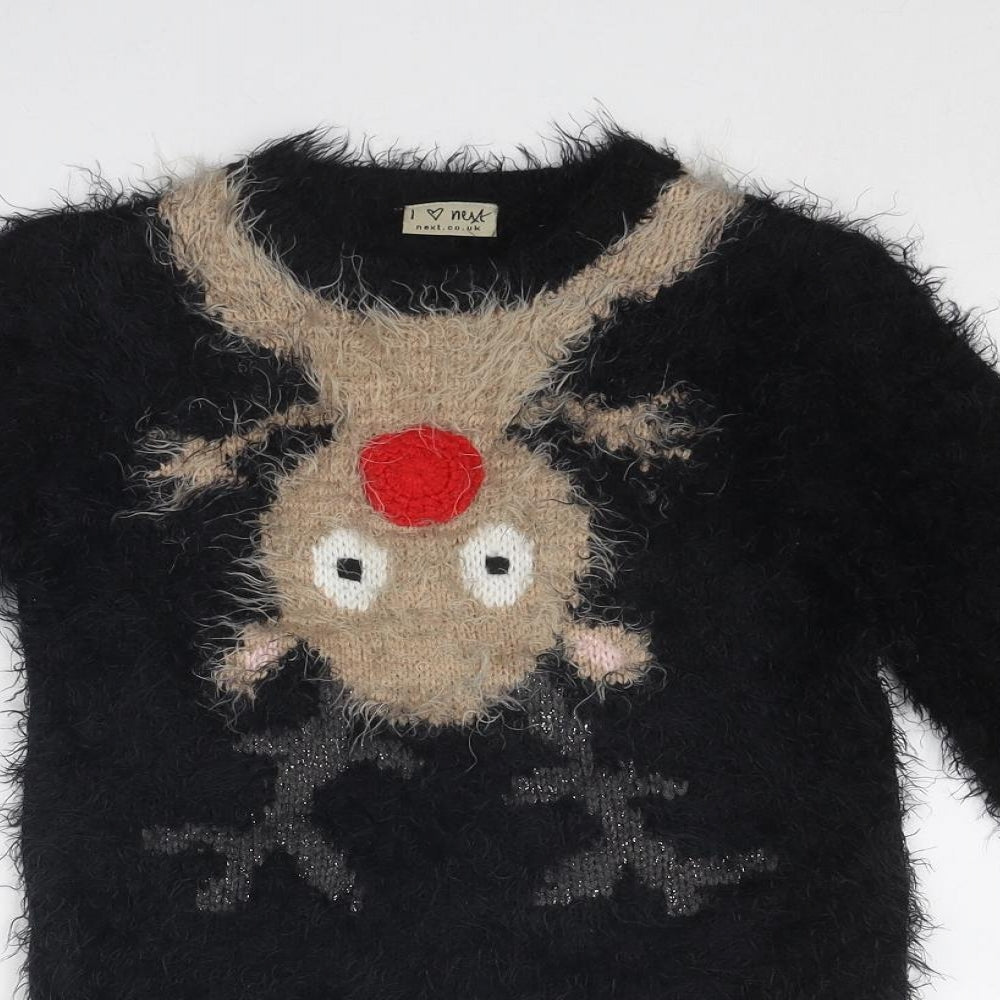 NEXT Girls Black Round Neck Acrylic Pullover Jumper Size 8 Years Pullover - Reindeer Christmas