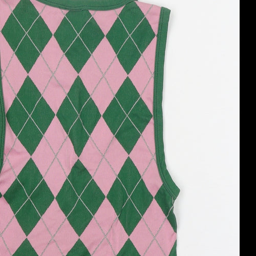 Iets Frans Womens Green Geometric Polyester Basic Tank Size L V-Neck