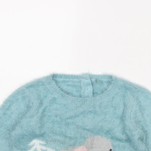 Marks and Spencer Girls Blue Round Neck Polyacrylate Fibre Pullover Jumper Size 4-5 Years Button - Elephant