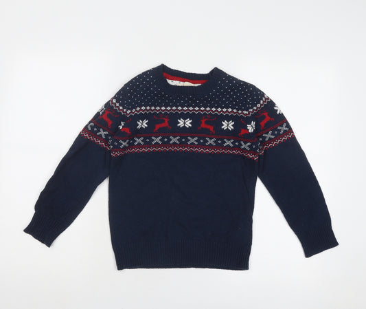 H&M Boys Blue Crew Neck Fair Isle Cotton Pullover Jumper Size 9-10 Years Pullover