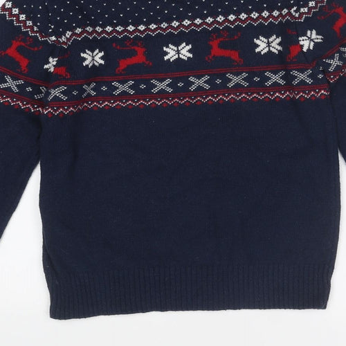 H&M Boys Blue Crew Neck Fair Isle Cotton Pullover Jumper Size 9-10 Years Pullover