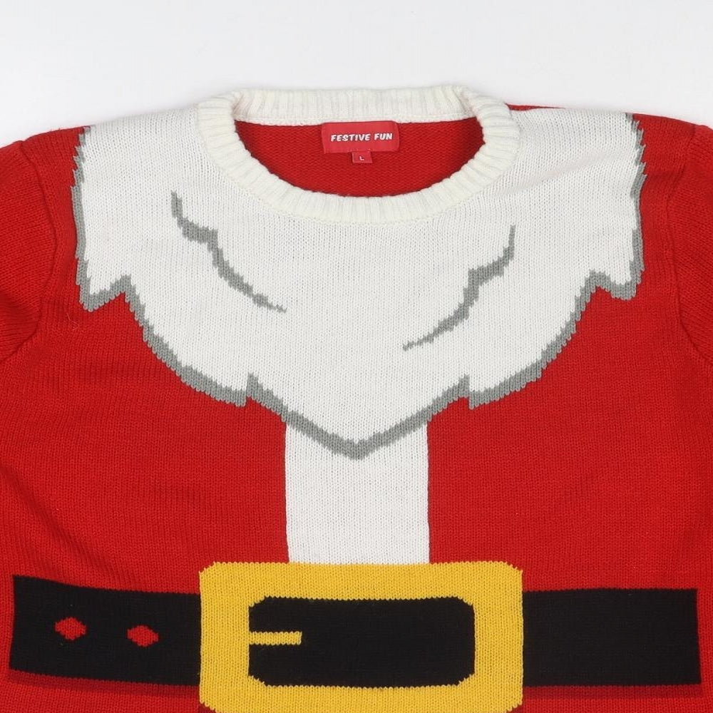 Festive Fun Mens Red Round Neck Acrylic Pullover Jumper Size L Long Sleeve - Santa Claus