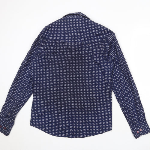 HUGO BOSS Mens Blue Geometric Cotton Button-Up Size L Collared Button