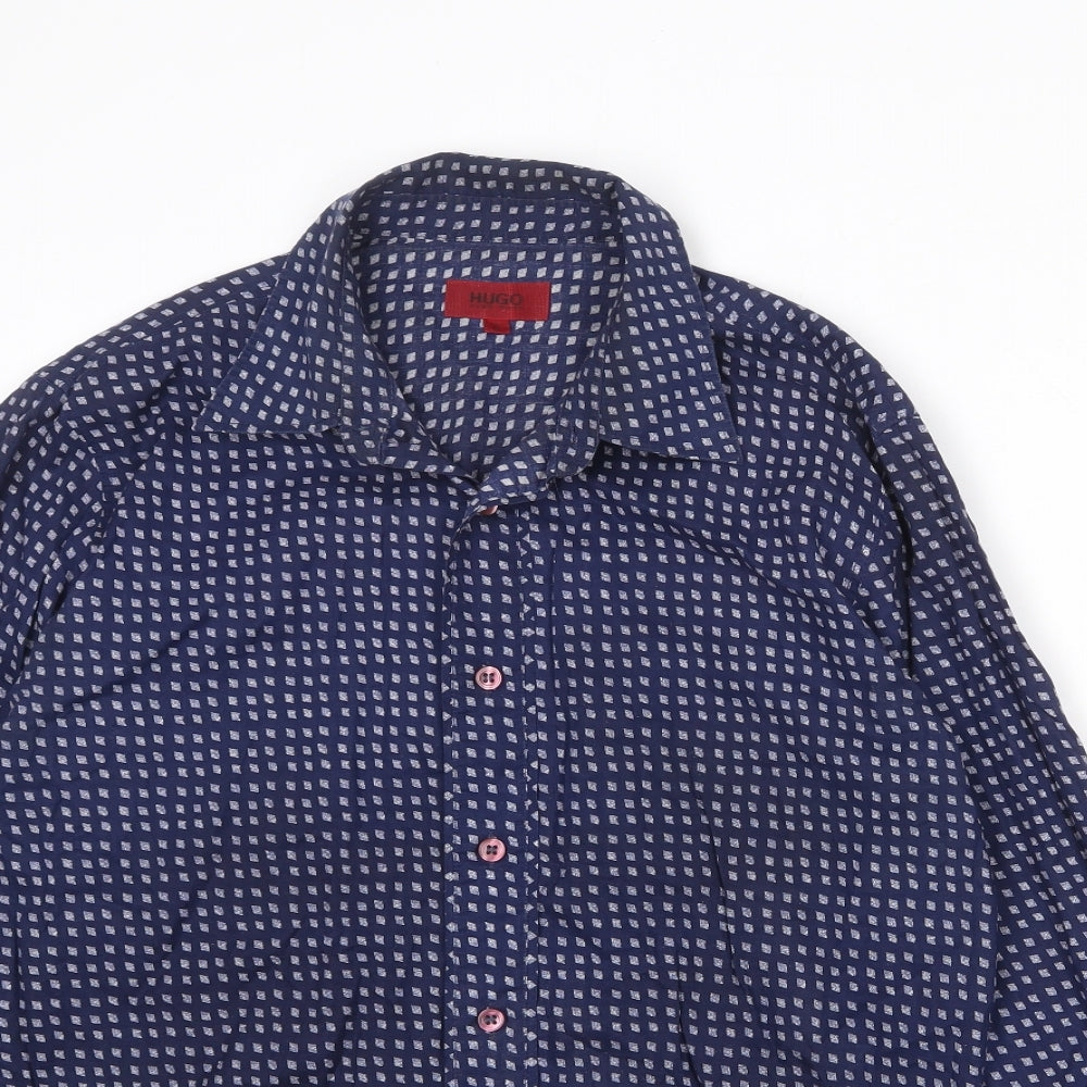HUGO BOSS Mens Blue Geometric Cotton Button-Up Size L Collared Button