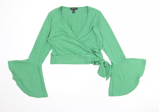 New Look Womens Green Polyester Wrap Blouse Size 16 V-Neck - Bell Sleeve