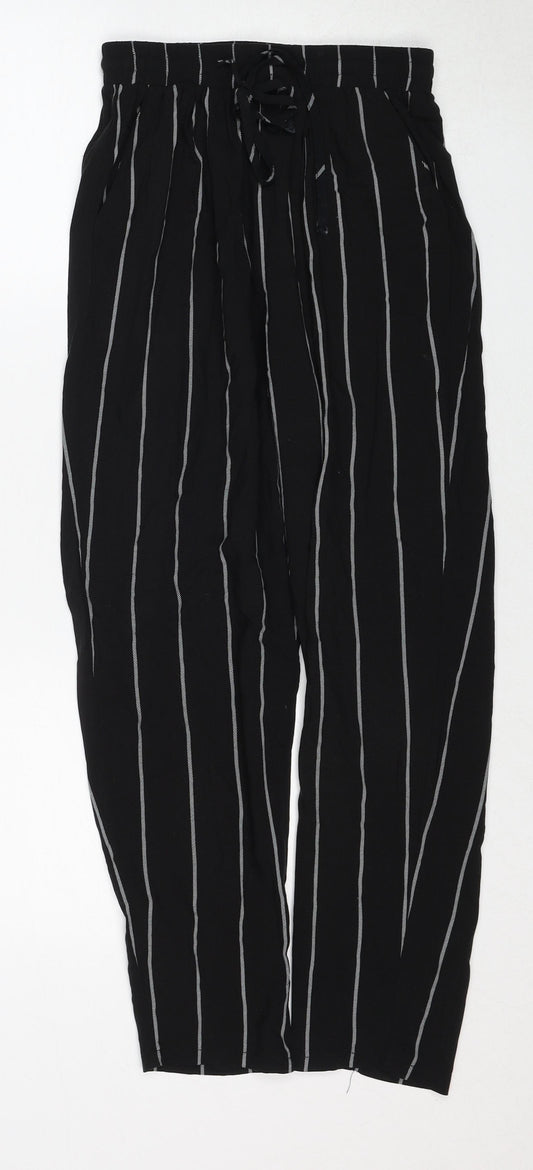 PRETTYLITTLETHING Womens Black Striped Viscose Trousers Size 6 Regular Drawstring