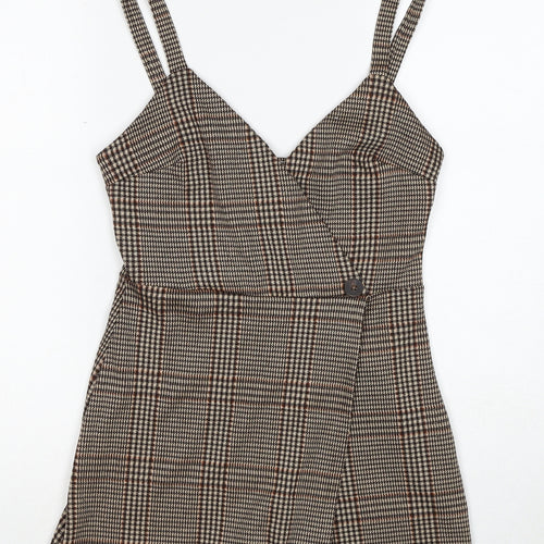 Pull&Bear Womens Brown Plaid Polyester Playsuit One-Piece Size S Zip - Wrap Front Detail