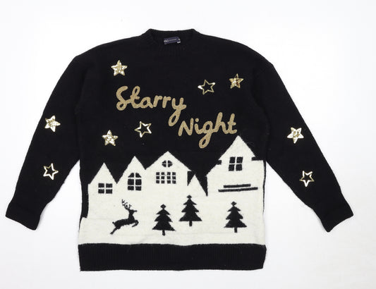 Marks and Spencer Womens Black Crew Neck Acrylic Pullover Jumper Size M - Starry Night Christmas