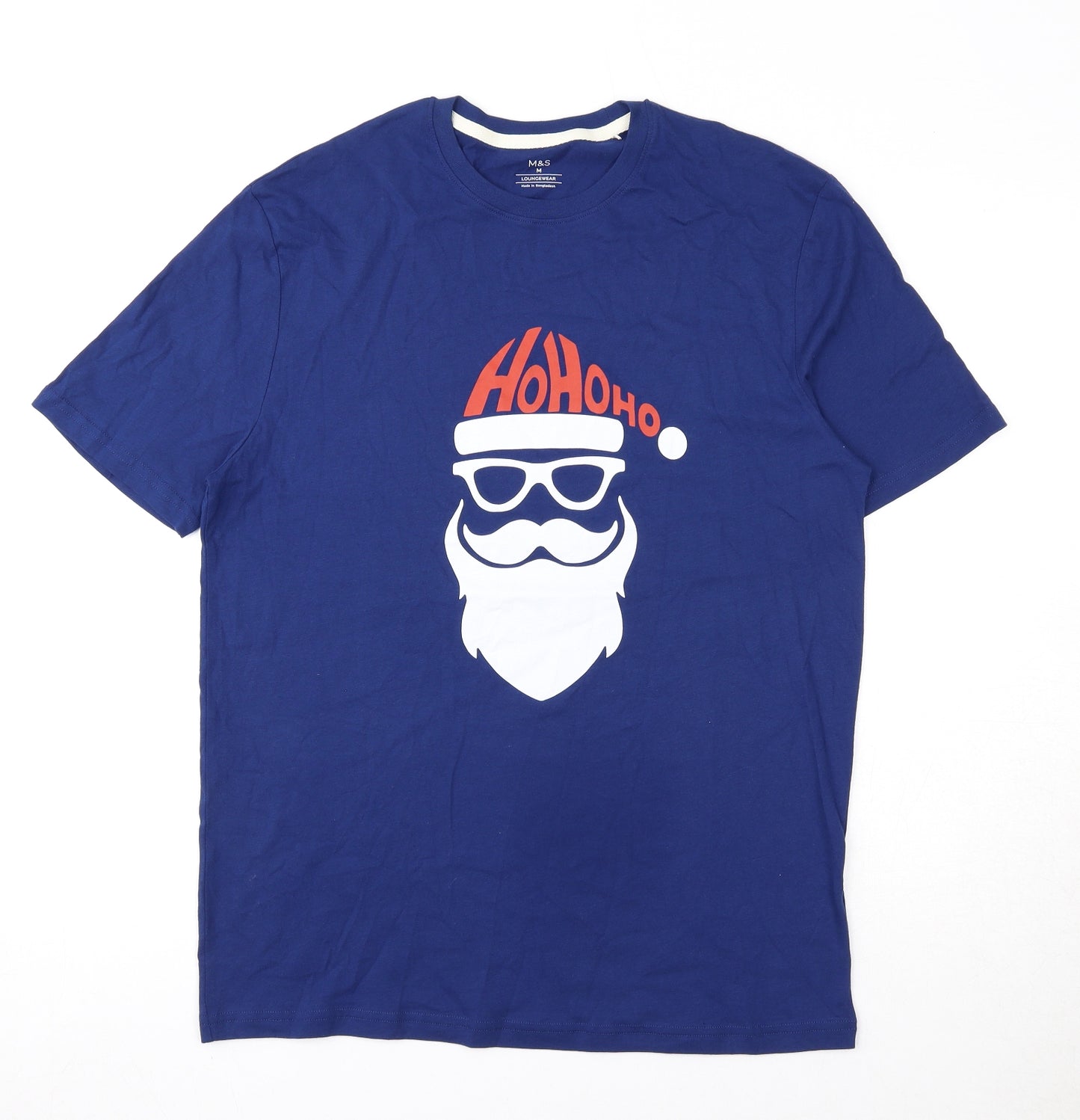 Marks and Spencer Mens Blue Cotton T-Shirt Size M Crew Neck Pullover - Father Christmas HO HO HO