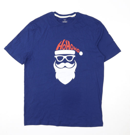 Marks and Spencer Mens Blue Cotton T-Shirt Size M Crew Neck Pullover - Father Christmas HO HO HO