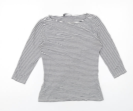Marks and Spencer Womens White Striped Cotton Basic T-Shirt Size 10 Boat Neck