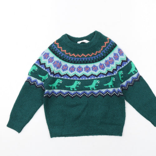 Marks and Spencer Boys Green Crew Neck Fair Isle Acrylic Pullover Jumper Size 2-3 Years Pullover - Dinosaur