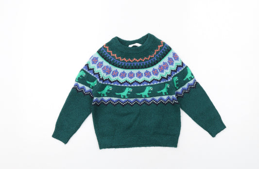 Marks and Spencer Boys Green Crew Neck Fair Isle Acrylic Pullover Jumper Size 2-3 Years Pullover - Dinosaur