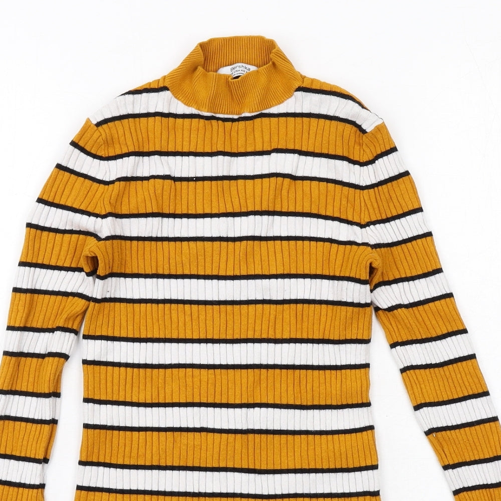 Bershka Womens Yellow Mock Neck Striped Acrylic Pullover Jumper Size XS Pullover